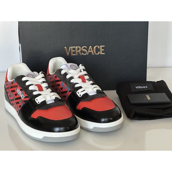 Versace Greca Men’s Leather Black/Orange Red Sneakers 10 US (43) 1013377 IT NIB - Picture 12 of 15